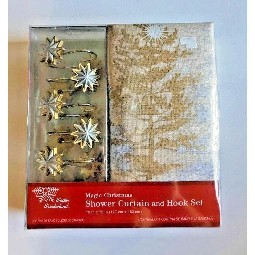 Christmas Let It Snow Shower Curtain and Hook Set Silver Gold 72